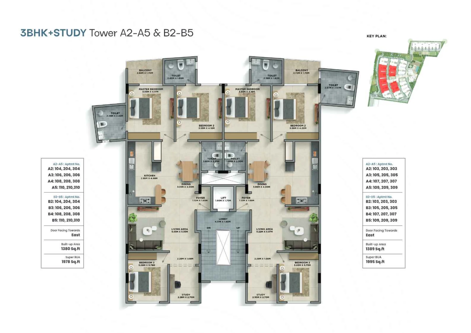 Tower A floor plan - 3BHK + Study