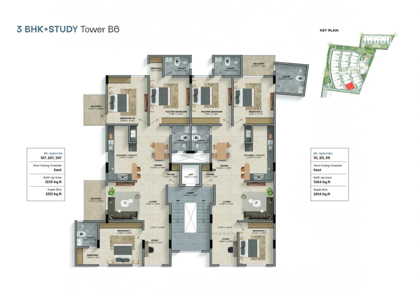 Tower B floor plan - 3BHK + Study