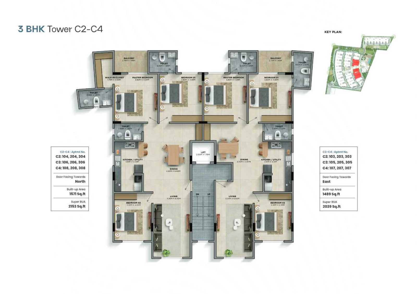 Tower C floor plan - 3BHK