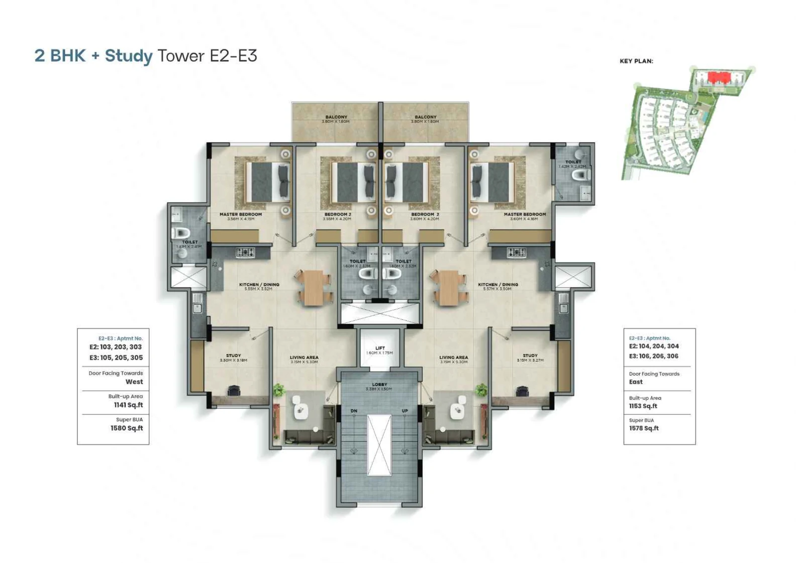 Tower E floor plan - 2BHK + Study